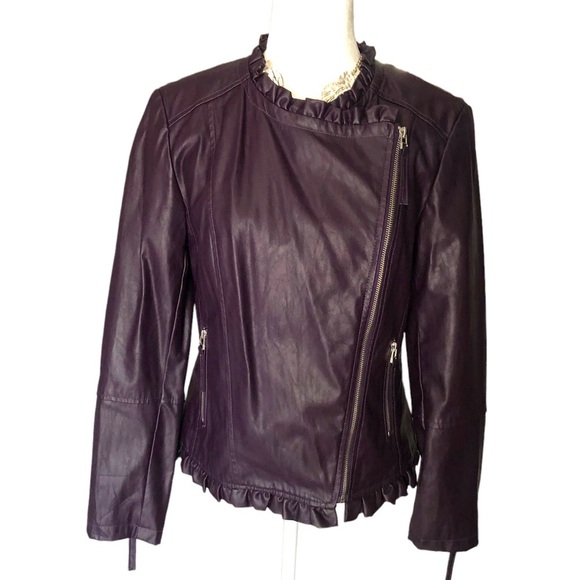 INC Purple Fitted Moto Jacket, Ruffle Trim, Faux Leather, Women’s Medium, NWOT - Picture 3 of 5